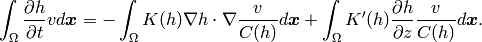 \int_{\Omega} \frac{\partial h}{\partial t} v d\bm{x} = - \int_{\Omega} K(h) \nabla h \cdot \nabla \frac{v}{C(h)} d\bm{x} + \int_{\Omega} K'(h) \frac{\partial h}{\partial z} \frac{v}{C(h)} d\bm{x}.