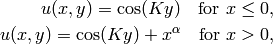 u(x,y) = \cos(Ky)\ \ \ \mbox{for}\ x \le 0,\\
u(x,y) = \cos(Ky) + x^{\alpha}\ \ \ \mbox{for}\ x > 0,